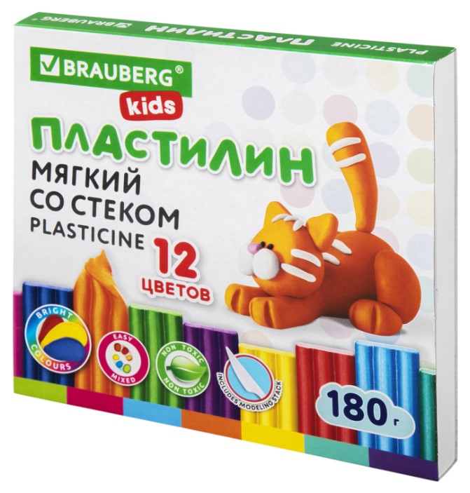 Пластилин 12 цветов, 'BRAUBERG KIDS', мягкий восковой, со стеком, 106495